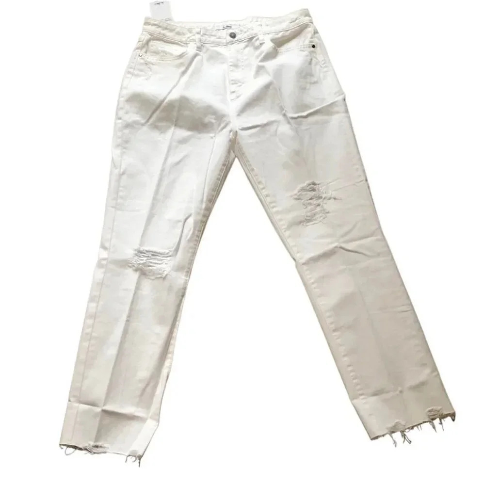 Sam Edelman The Stiletto Straight High Rise Distressed White Jeans Size 14 NWT